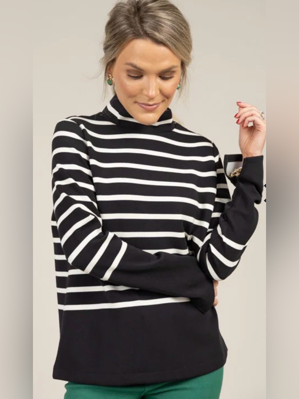 SPANX AirEssentials Mock Neck Striped Long Sleeve Pullover Top S Black Porcelain